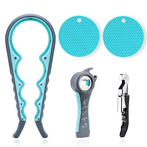 Astofli 5 Pack Bottle Opener Jar Opener For Weak Hands, Arthritic Hands With 2 Pcs Silicone Rubber Jar Opener Gripper Pad, Multi Wine Key Beer Bottle Opener Can Opener Waiter Corkscrew Set