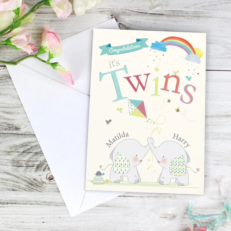 Personalised Hessian Elephant Twins Card