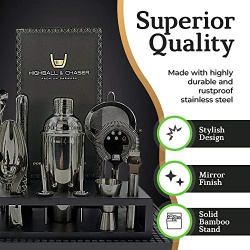 Highball & Chaser 13-Piece Cobbler Cocktail Shaker Set: Black Polished Stainless Steel Bartender Kit for Home Bar Cocktail Set | Laser Engraved Cocktail Tools | Plus E-Book with 30 Cocktail Recipes