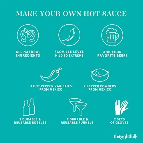 Thoughtfully Gourmet, Make Your Own Beer Infused Hot Sauce DIY Gift Set, Includes 3 Glass Bottles, Recipe Book, Gloves, 2 Funnels, Peppers, Spices and Seasonings (Contains NO Alcohol)