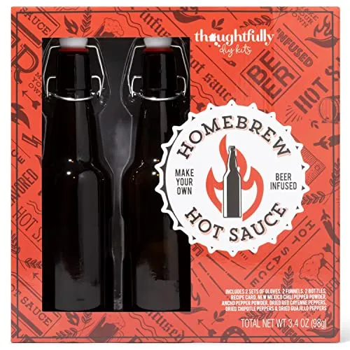 Thoughtfully Gourmet, Make Your Own Beer Infused Hot Sauce DIY Gift Set, Includes 3 Glass Bottles, Recipe Book, Gloves, 2 Funnels, Peppers, Spices and Seasonings (Contains NO Alcohol)