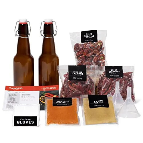 Thoughtfully Gourmet, Make Your Own Beer Infused Hot Sauce DIY Gift Set, Includes 3 Glass Bottles, Recipe Book, Gloves, 2 Funnels, Peppers, Spices and Seasonings (Contains NO Alcohol)