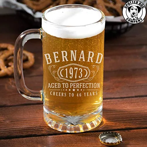 Personalized Etched 16oz Glass Beer Mug Stein - Custom Engraved Christmas Gifts for Men, Dad Drinking Birthday Glasses, Gifts for Him, Bernard