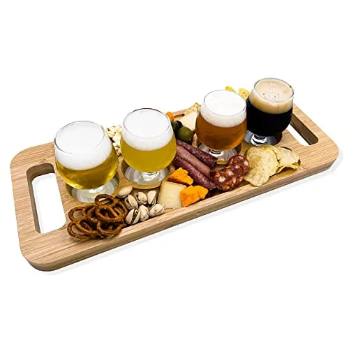 UNNA Flight Board with 4 Tulip Glasses - Premium Natural Bamboo Beer Flight & Wine Flight Tasting Set, Craft Beer Gift Set, Whiskey Flight Board, Tequila Flight Board, Unique Charcuterie Board