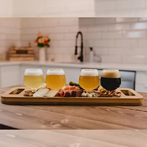 UNNA Flight Board with 4 Tulip Glasses - Premium Natural Bamboo Beer Flight & Wine Flight Tasting Set, Craft Beer Gift Set, Whiskey Flight Board, Tequila Flight Board, Unique Charcuterie Board