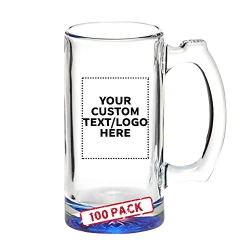 100 Libbey Beer Mugs Set, 12 oz. - Customizable Text, Logo - Groomsmen Glassware - Blue