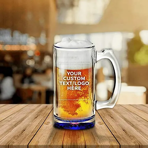 100 Libbey Beer Mugs Set, 12 oz. - Customizable Text, Logo - Groomsmen Glassware - Blue
