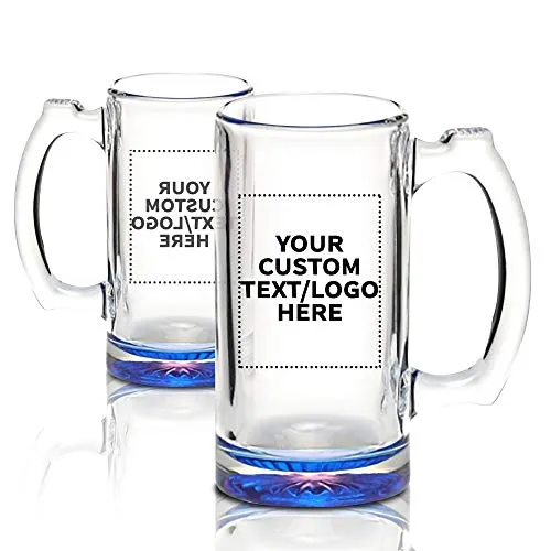 100 Libbey Beer Mugs Set, 12 oz. - Customizable Text, Logo - Groomsmen Glassware - Blue