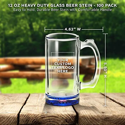 100 Libbey Beer Mugs Set, 12 oz. - Customizable Text, Logo - Groomsmen Glassware - Blue