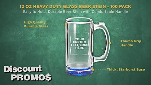 100 Libbey Beer Mugs Set, 12 oz. - Customizable Text, Logo - Groomsmen Glassware - Blue