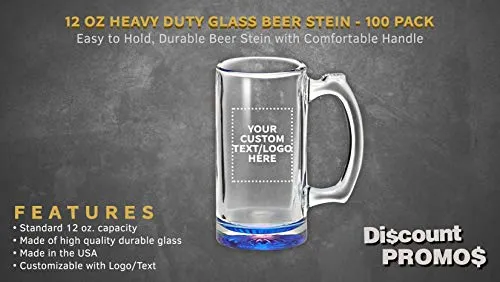 100 Libbey Beer Mugs Set, 12 oz. - Customizable Text, Logo - Groomsmen Glassware - Blue