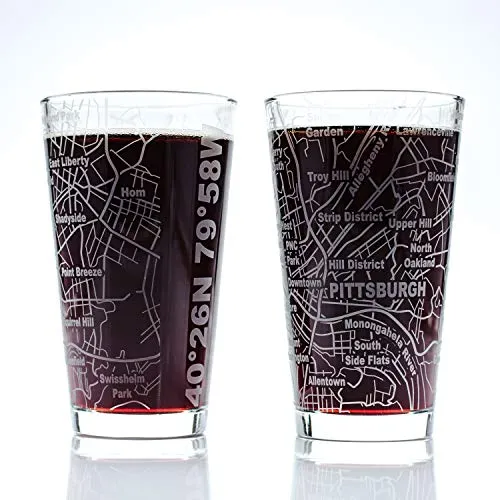 Greenline Goods Beer Glasses - 16 oz Drinkware Set for Pittsburgh lovers - Set of 2 - Etched with Pittsburgh, PA Map - Premium Decorative Glassware