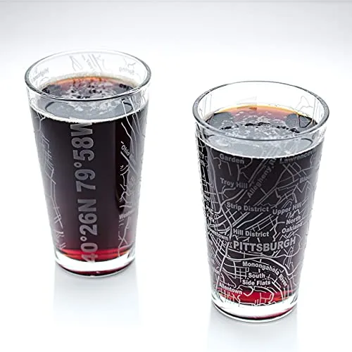 Greenline Goods Beer Glasses - 16 oz Drinkware Set for Pittsburgh lovers - Set of 2 - Etched with Pittsburgh, PA Map - Premium Decorative Glassware