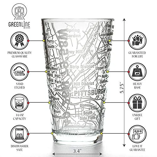 Greenline Goods Beer Glasses - 16 oz Drinkware Set for Pittsburgh lovers - Set of 2 - Etched with Pittsburgh, PA Map - Premium Decorative Glassware