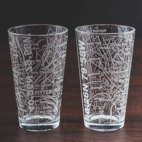 Greenline Goods Beer Glasses - 16 oz Drinkware Set for Pittsburgh lovers - Set of 2 - Etched with Pittsburgh, PA Map - Premium Decorative Glassware