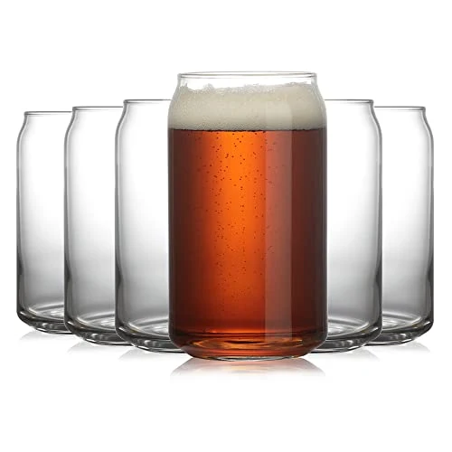 Modvera 16oz Can Shaped Glass Cups, 6 Pack Cups for Kitchen, Stylish Beer Can Glass, Soda Glassware Set, Iced Coffee Glasses, Tumbler Glasses for Drinking, Glass Cans for Wine, Whiskey & Iced Tea