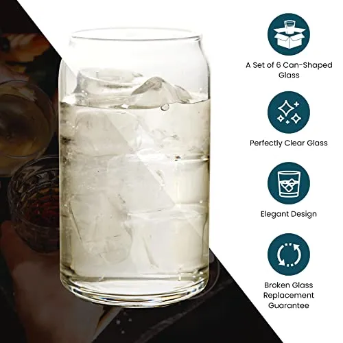 Modvera 16oz Can Shaped Glass Cups, 6 Pack Cups for Kitchen, Stylish Beer Can Glass, Soda Glassware Set, Iced Coffee Glasses, Tumbler Glasses for Drinking, Glass Cans for Wine, Whiskey & Iced Tea