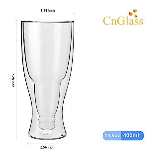 CnGlass Beer Glasses 13.5OZ,Double Wall Insulated Upside Down Glass,Set of 1,Beer Glassware
