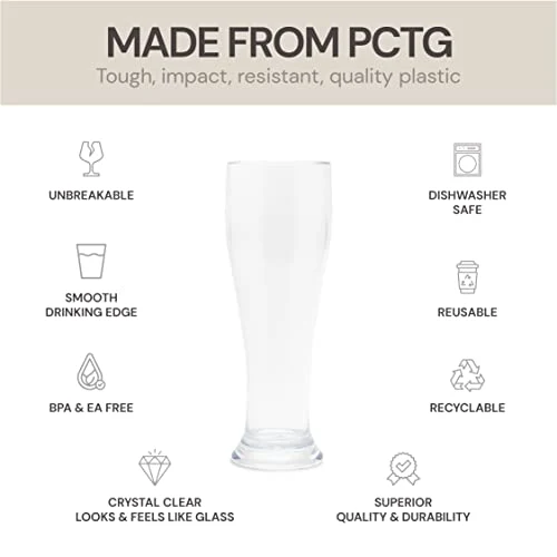 BELLAFORTE - Shatterproof Plastic Beer Glasses - 16oz, Set of 6, Atlas Cove Beer Glasses - Dishwasher Safe Plastic Beer Glasses - Unbreakable Glassware for Indoor and Outdoors - BPA free