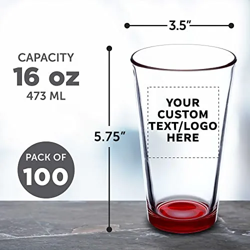 Custom Libbey Pint Glass 16 oz. Set of 100, Personalized Bulk Pack - Beer Glasses, Heavy Duty Drinkware - Red