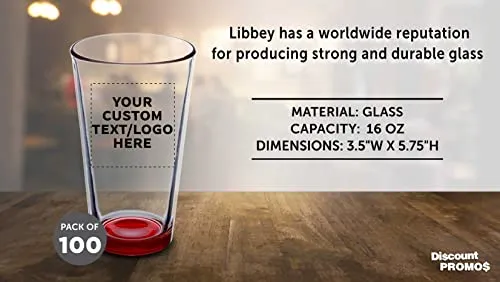 Custom Libbey Pint Glass 16 oz. Set of 100, Personalized Bulk Pack - Beer Glasses, Heavy Duty Drinkware - Red