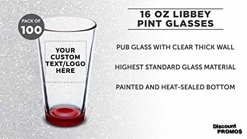 Custom Libbey Pint Glass 16 oz. Set of 100, Personalized Bulk Pack - Beer Glasses, Heavy Duty Drinkware - Red