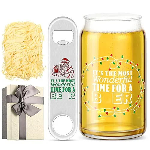 4 Pcs Can Glass Funny Christmas Cups Present for Women Men It's The Most Wonderful Time to a Drink Glasses Stainless Steel Bottle Opener Clear Mugs with Gift Box and Raffia