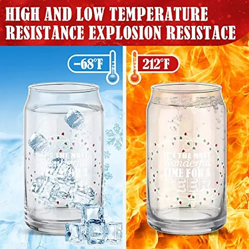 4 Pcs Can Glass Funny Christmas Cups Present for Women Men It's The Most Wonderful Time to a Drink Glasses Stainless Steel Bottle Opener Clear Mugs with Gift Box and Raffia