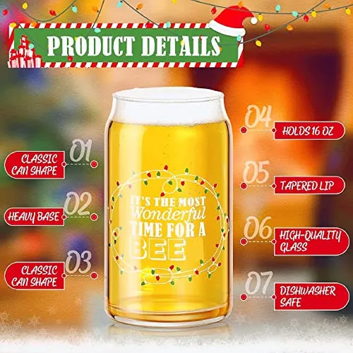 4 Pcs Can Glass Funny Christmas Cups Present for Women Men It's The Most Wonderful Time to a Drink Glasses Stainless Steel Bottle Opener Clear Mugs with Gift Box and Raffia