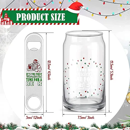 4 Pcs Can Glass Funny Christmas Cups Present for Women Men It's The Most Wonderful Time to a Drink Glasses Stainless Steel Bottle Opener Clear Mugs with Gift Box and Raffia