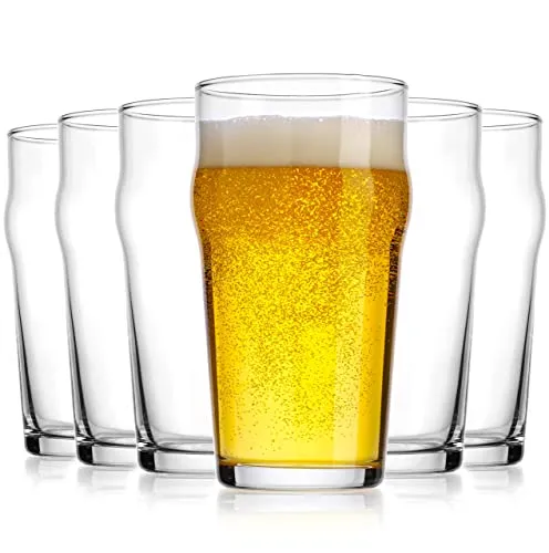 Beer Glasses Set of 6 British 20 Oz. Pint Glasses By Glavers, Uniquely Designed Easy-Grip European Pub Beer Pilsner Tumblers for Wheat, Ale, Juice, Cocktails, Great Gift for Men.
