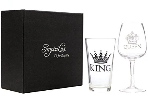 King Beer & Queen Wine Glass Set | Beautiful Gift for Newlyweds, Engagements, Anniversaries, Weddings, Parents, Couples, Christmas - Novelty Drinking Glassware (King Beer & Queen Wine Glass Set)
