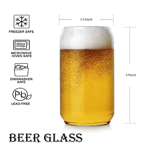 Large Beer glasses,20 oz Can Shaped Beer Glasses Set of 4,Elegant Shaped Drinking Glasses is Ideal Gift,Tumbler Beer Glasses Great for Any Drink and Any Occasion