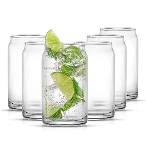 JoyJolt Drinking Glass Cups Set of 6 - 16oz Beer Can Glasses. Clear Soda Can Shaped Glass Cups, Cute Iced Coffee Cup Tumblers, Cold Drink Glassware, Unique Water, Tea, Cocktail Glass Set