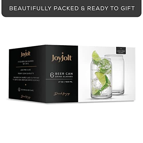 JoyJolt Drinking Glass Cups Set of 6 - 16oz Beer Can Glasses. Clear Soda Can Shaped Glass Cups, Cute Iced Coffee Cup Tumblers, Cold Drink Glassware, Unique Water, Tea, Cocktail Glass Set