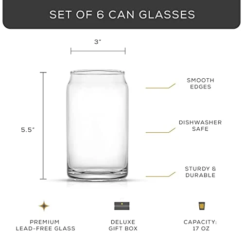 JoyJolt Drinking Glass Cups Set of 6 - 16oz Beer Can Glasses. Clear Soda Can Shaped Glass Cups, Cute Iced Coffee Cup Tumblers, Cold Drink Glassware, Unique Water, Tea, Cocktail Glass Set
