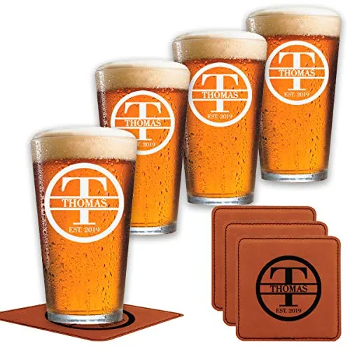 Personalized Beer Glass Gift Set - 9 Premium Etched Customizable Designs for Birthday, Anniversary, Housewarming, Wedding - Great Gift for Men, Women, Couples - Engraved by Froolu