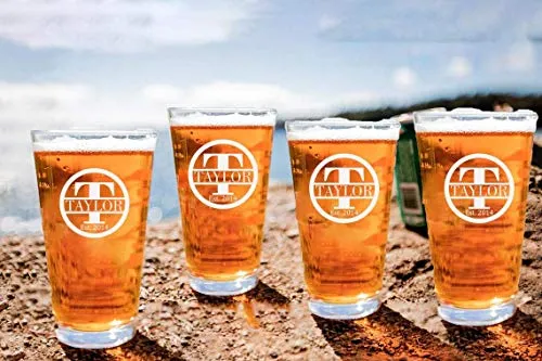 Personalized Beer Glass Gift Set - 9 Premium Etched Customizable Designs for Birthday, Anniversary, Housewarming, Wedding - Great Gift for Men, Women, Couples - Engraved by Froolu