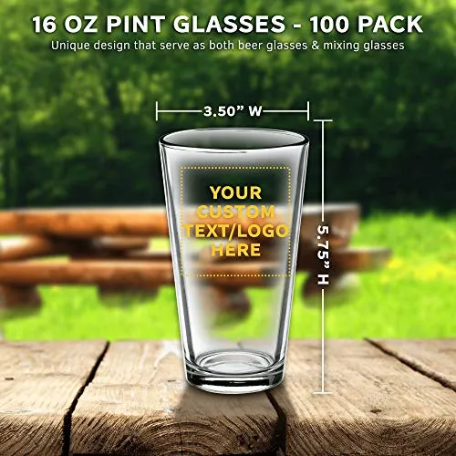 Custom Heavy Duty Beer Pint Glasses by ARC 16 oz. Set of 100, Personalized Bulk Pack - USA Made Restaurant Glassware, Perfect for Beer, Cocktails, Soda, Other Beverages - Clear