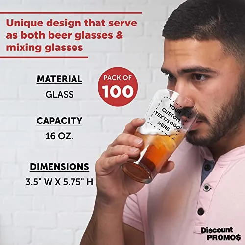 Custom Heavy Duty Beer Pint Glasses by ARC 16 oz. Set of 100, Personalized Bulk Pack - USA Made Restaurant Glassware, Perfect for Beer, Cocktails, Soda, Other Beverages - Clear