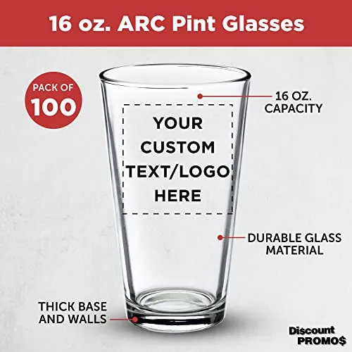 Custom Heavy Duty Beer Pint Glasses by ARC 16 oz. Set of 100, Personalized Bulk Pack - USA Made Restaurant Glassware, Perfect for Beer, Cocktails, Soda, Other Beverages - Clear