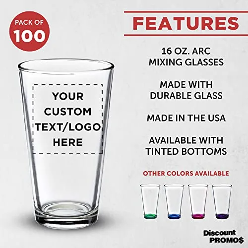 Custom Heavy Duty Beer Pint Glasses by ARC 16 oz. Set of 100, Personalized Bulk Pack - USA Made Restaurant Glassware, Perfect for Beer, Cocktails, Soda, Other Beverages - Clear
