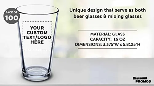 DISCOUNT PROMOS Beer Pint Glasses 16 Ounce Set of 100, Bulk Heavy Duty Glassware for Restaurant, Bar, Clear