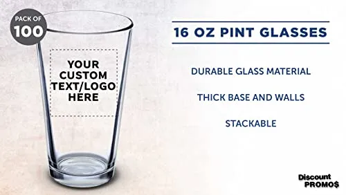 DISCOUNT PROMOS Beer Pint Glasses 16 Ounce Set of 100, Bulk Heavy Duty Glassware for Restaurant, Bar, Clear