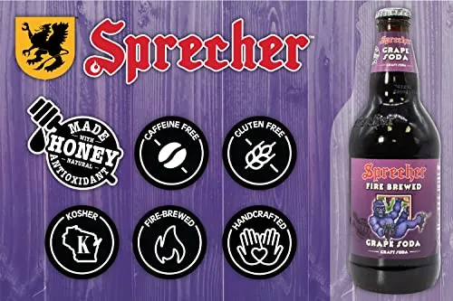 Sprecher Grape Soda, Great Tasting, Hand Crafted, Fire-Brewed Gourmet Craft Soda, 16oz Glass Bottle (3-4 packs,12 bottles)