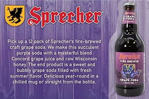 Sprecher Grape Soda, Great Tasting, Hand Crafted, Fire-Brewed Gourmet Craft Soda, 16oz Glass Bottle (3-4 packs,12 bottles)