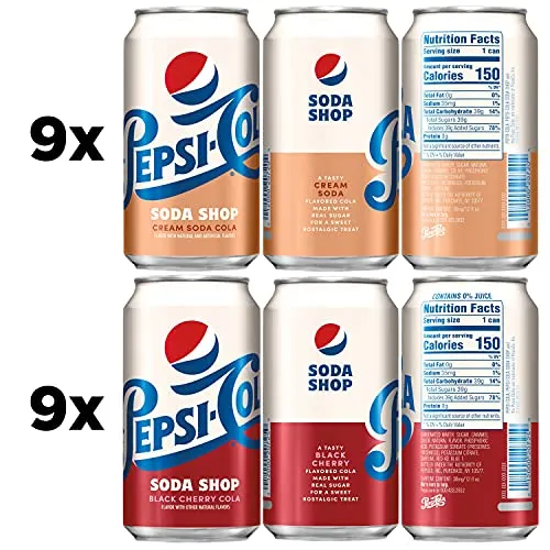 Pepsi-Cola Soda Shop, Cream Cola & Black Cherry Cola Variety Pack, 12oz Cans (18 Pack)
