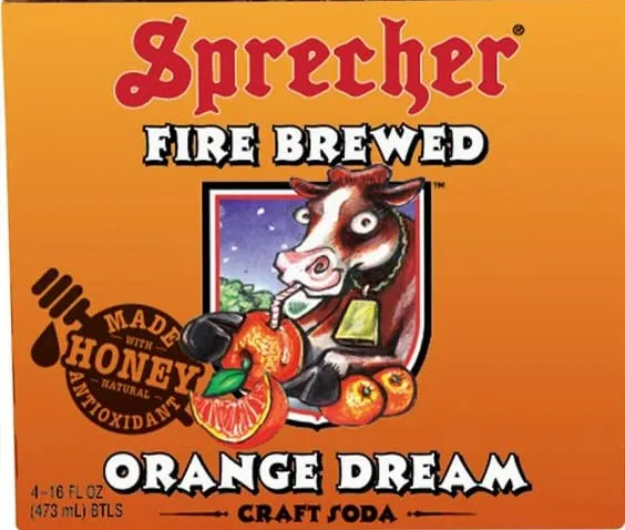 Sprecher Orange Dream, Fire-Brewed Craft Soda, Glass Bottle, 16oz, 12 Pack