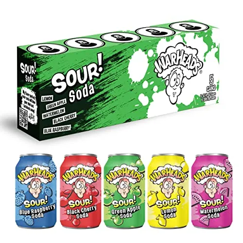 WARHEADS SODA - Sour Fruity Soda with Classic Warheads Flavors – Perfectly Balanced Sweet and Sour Soda - Warheads Candy Throwback Treat, Soda, Cocktail Mixer, Pack of 5, 12oz Cans (Sampler Pack)