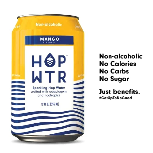 HOP WTR - Sparkling Hop Water - Mango - (12 Pack) - NA Beer, No Calories or Sugar, Low Carb, With Adaptogens and Nootropics for Added Benefits (12 oz Cans)